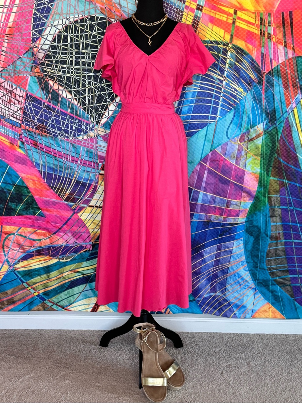 Ann Taylor Pink Poplin Flutter Sleeve V Neck Midi Dress Pockets Cotton Blend 8